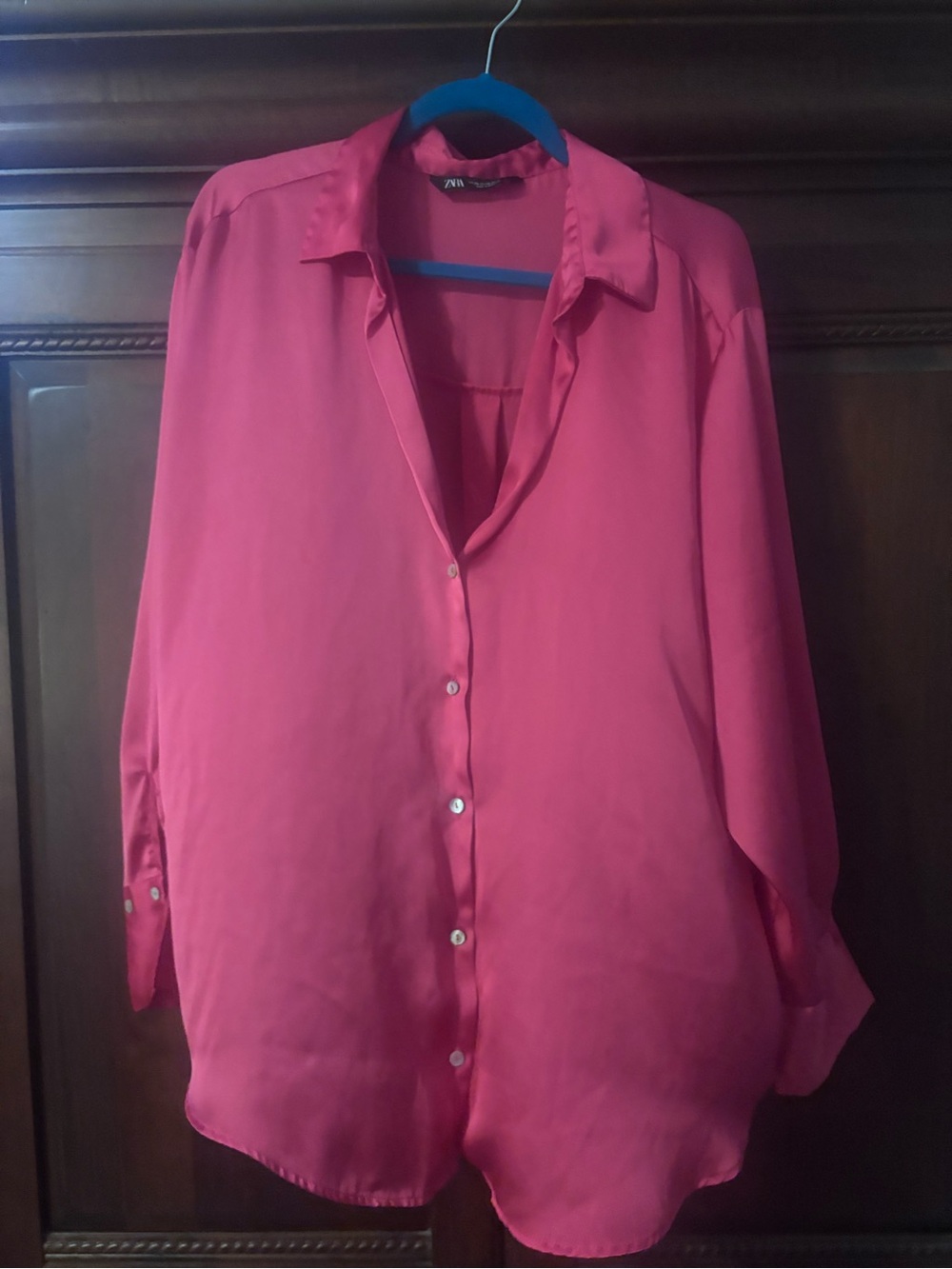 Zara Bright Pink Satin Button-Down Shirt